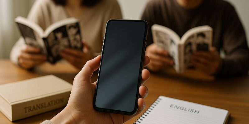 スマートフォンを手にした人物の前に、翻訳本と英語ノートが置かれ、背景で男女が漫画を読んでいる明るい学習空間