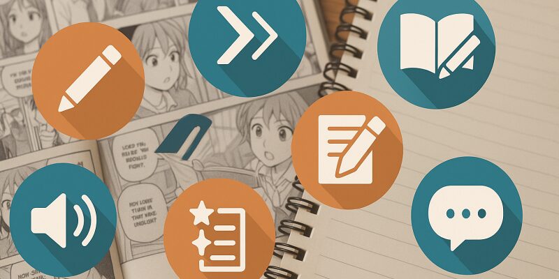 英語の漫画とノートを背景に、音声、筆記、フレーズ、ジャンル、難易度、翻訳、SNS交流を象徴する7つの丸いアイコンが整然と配置された